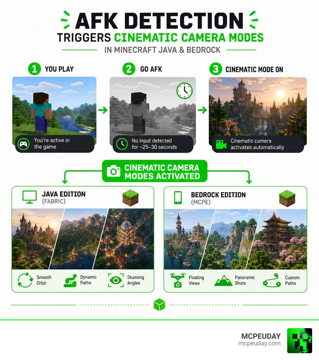 Infographic showing AFK detection triggering cinematic camera modes in Minecraft Java and Bedrock infographic Infographic showing AFK detection triggering cinematic camera modes in Minecraft Java and Bedrock infographic