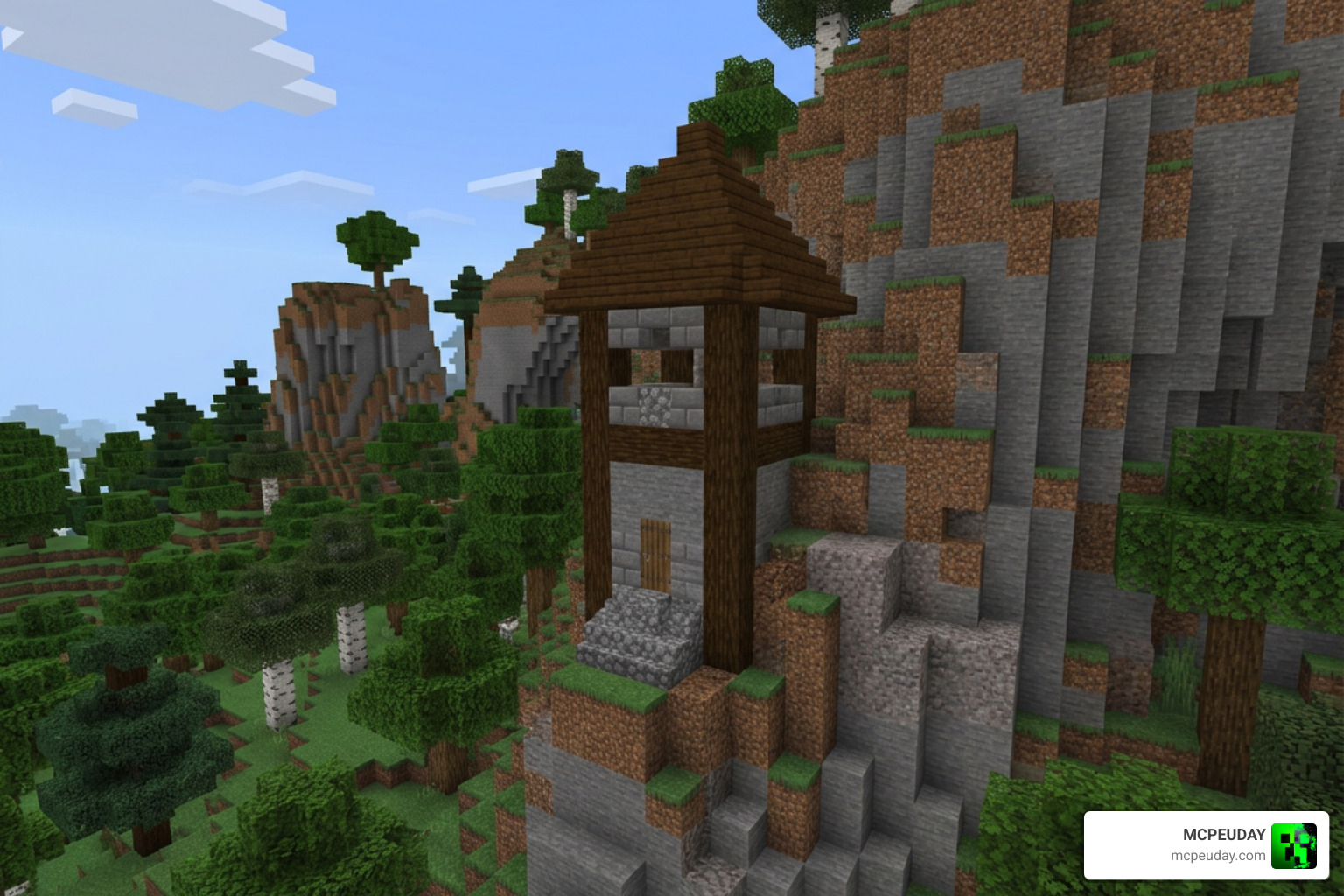 A medieval tower embedded in a mountain in Minecraft Bedrock Edition