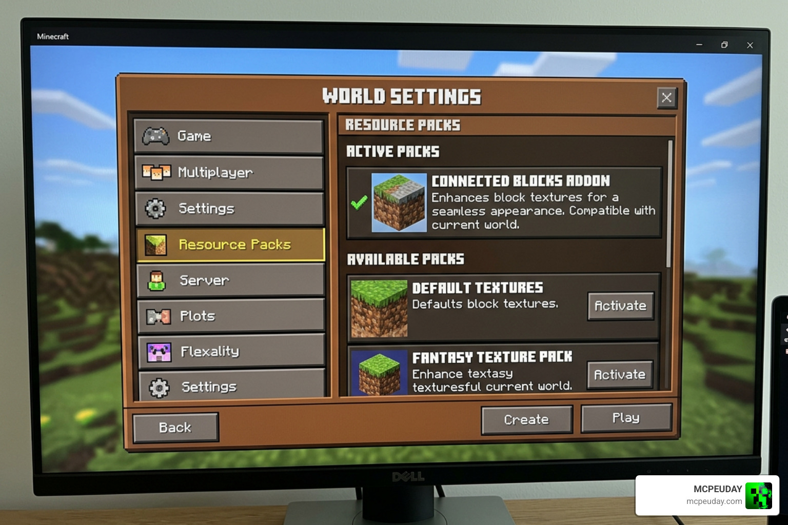 Minecraft Bedrock resource pack activation screen showing Connected Blocks Addon