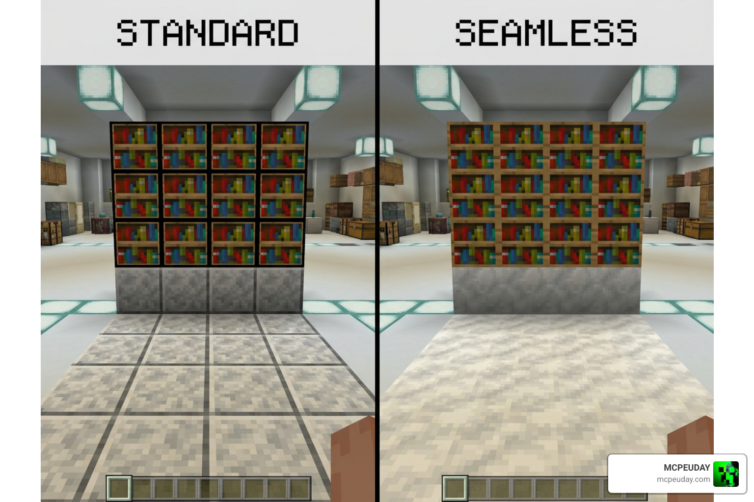 Connected bookshelves and polished stones compared side-by-side in Minecraft Bedrock