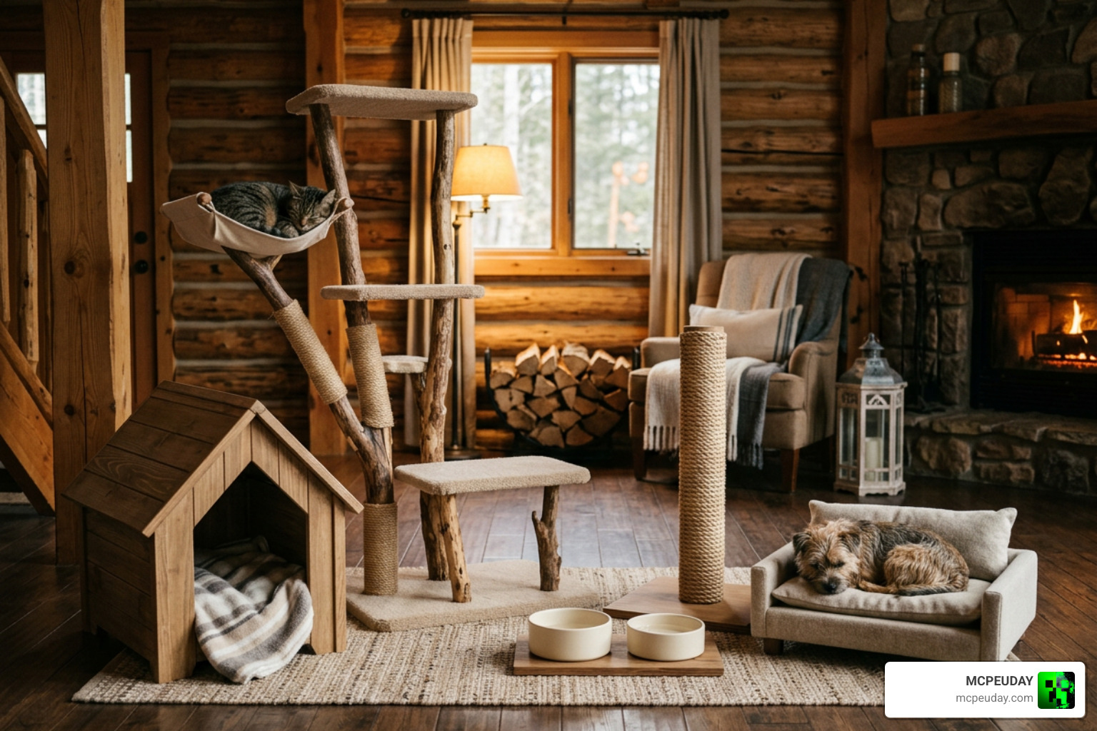 Pet furniture items showcase in a wooden cabin