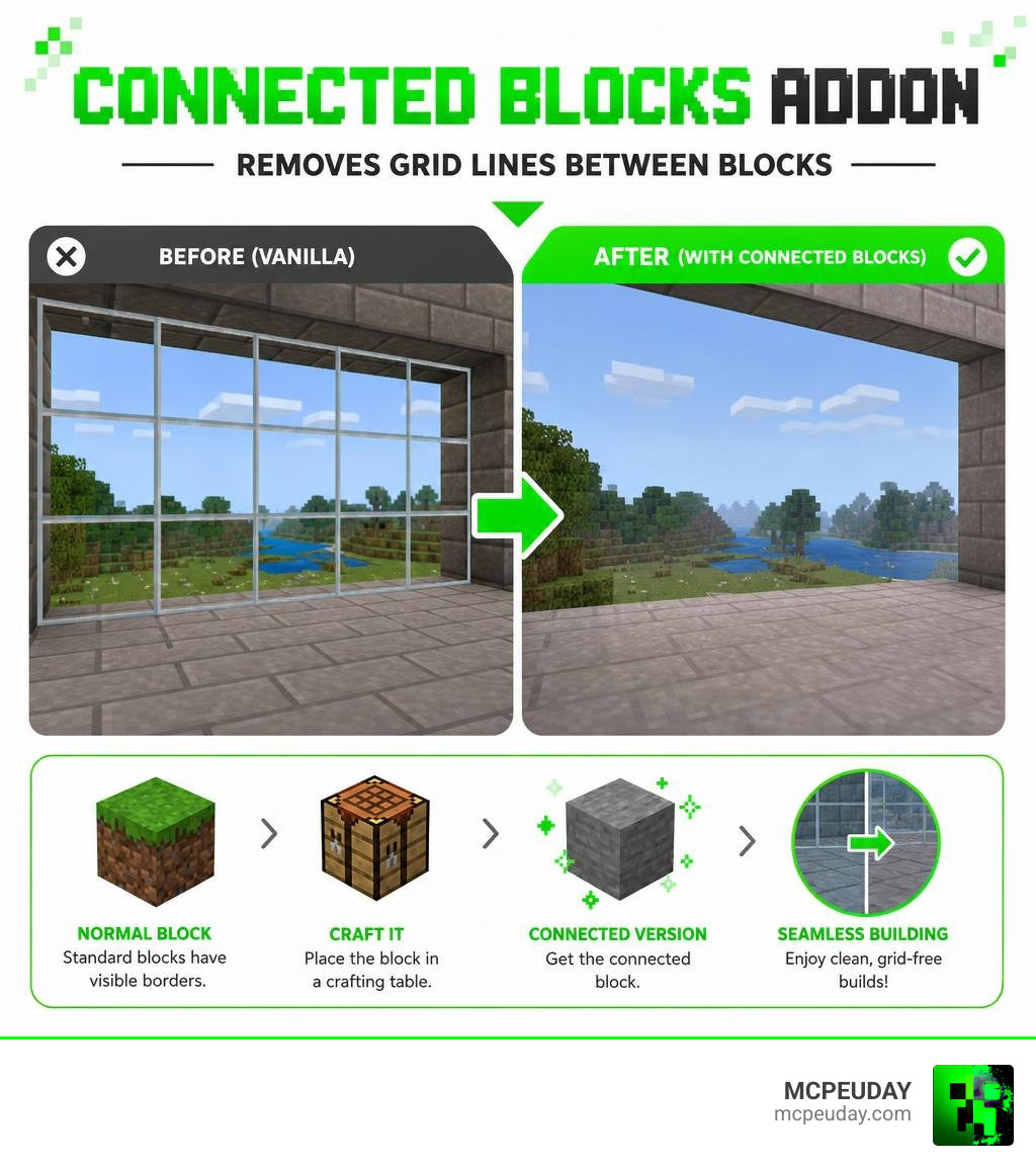 Infographic showing how Connected Blocks Addon removes grid lines between Minecraft Bedrock blocks infographic