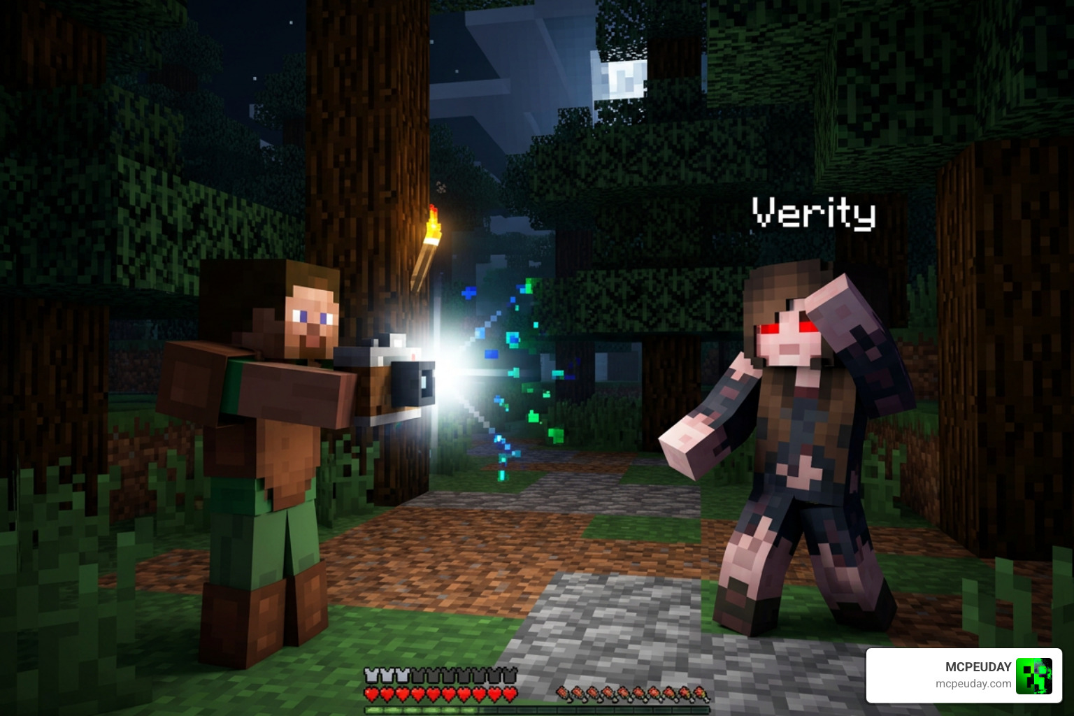 Player using camera to stun hostile Verity in dark forest Player using camera to stun hostile Verity in dark forest