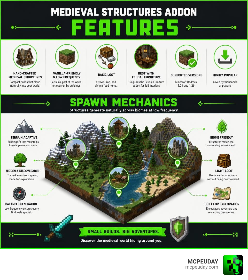 Medieval Structures Addon features and spawn mechanics infographic infographic