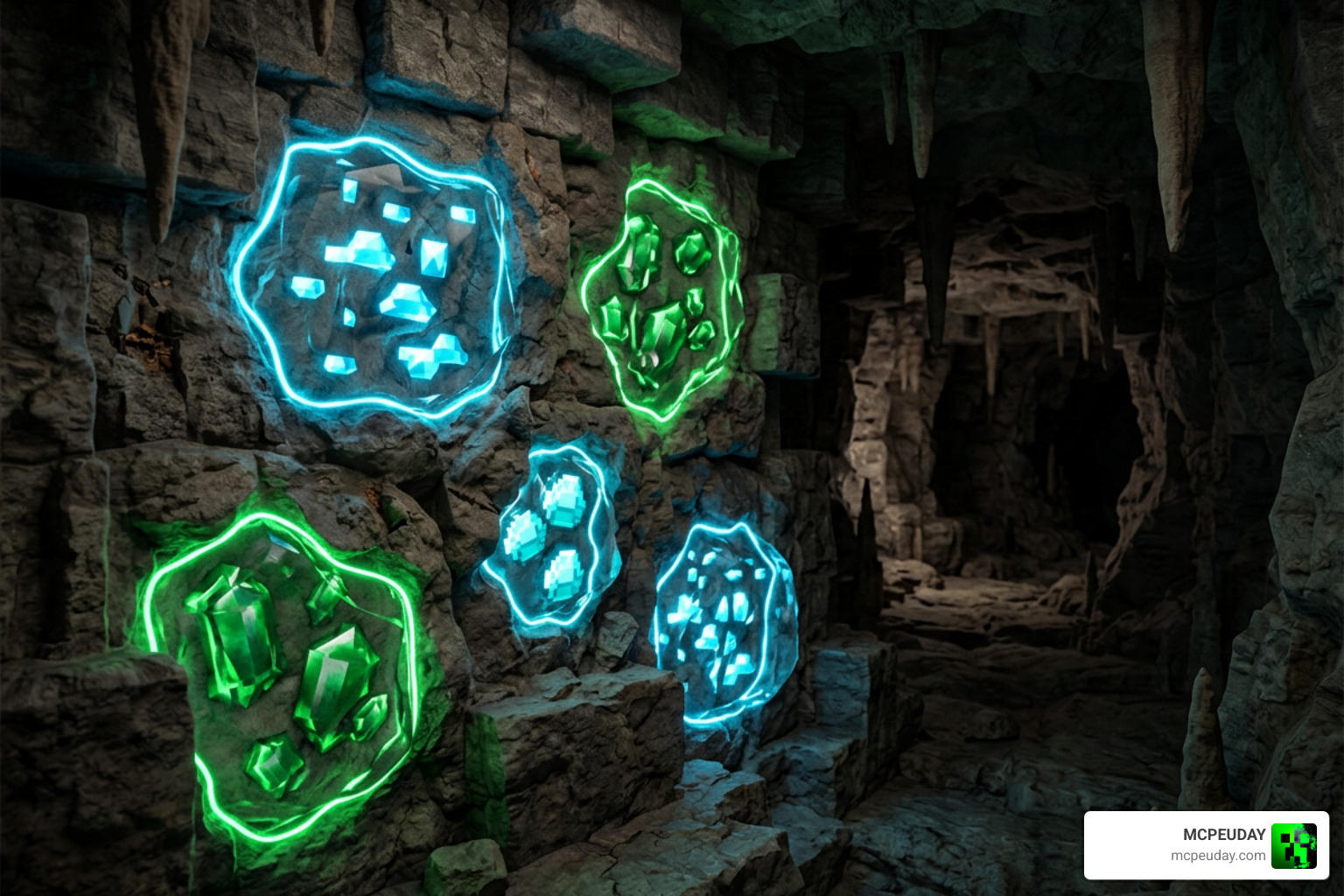 Glowing ores in a dark cave using the X-Ray Glow Addon
