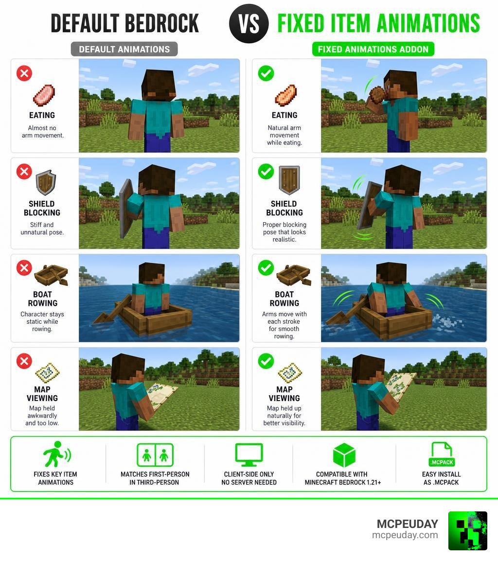 Infographic comparing default Bedrock item animations vs FIXED Item Animations Addon improvements infographic Infographic comparing default Bedrock item animations vs FIXED Item Animations Addon improvements infographic