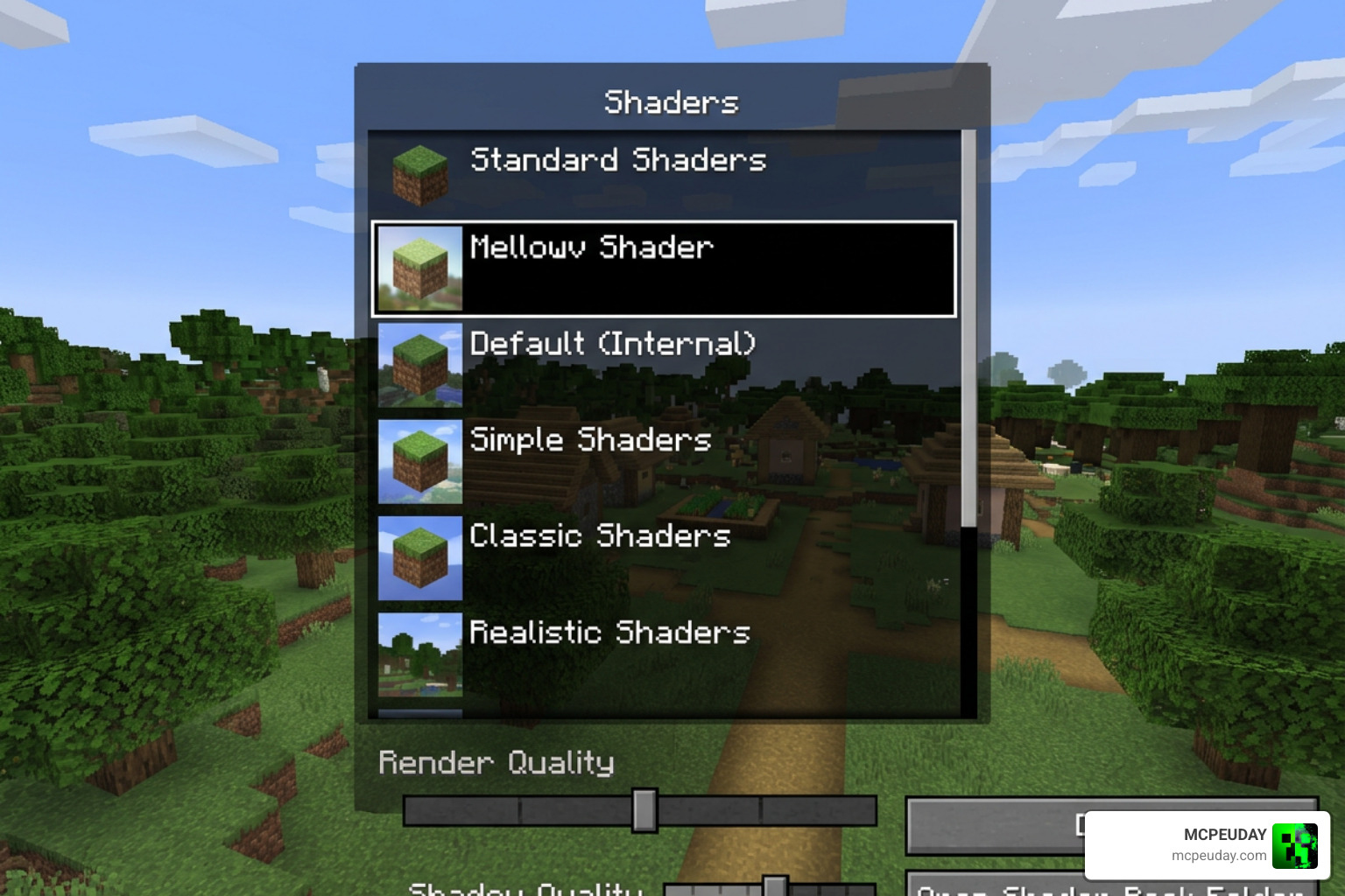 Minecraft shader selection screen featuring Mellowv Shader Minecraft shader selection screen featuring Mellowv Shader