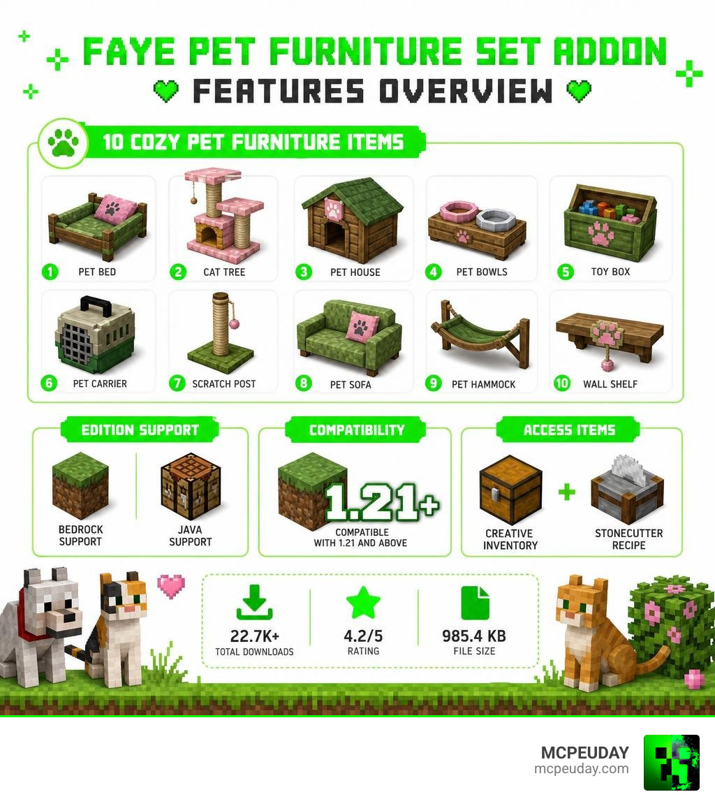 Faye Pet Furniture Set Addon features overview infographic showing 10 items, Bedrock and Java support, 1.21 compatibility