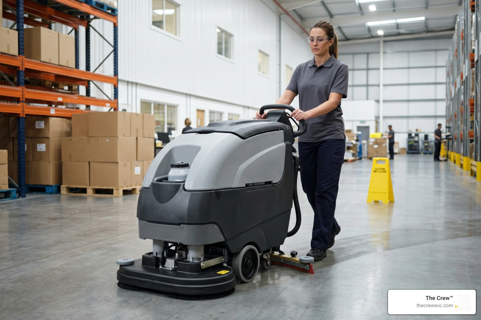 Professional floor technician operating an auto-scrubber Professional floor technician operating an auto-scrubber