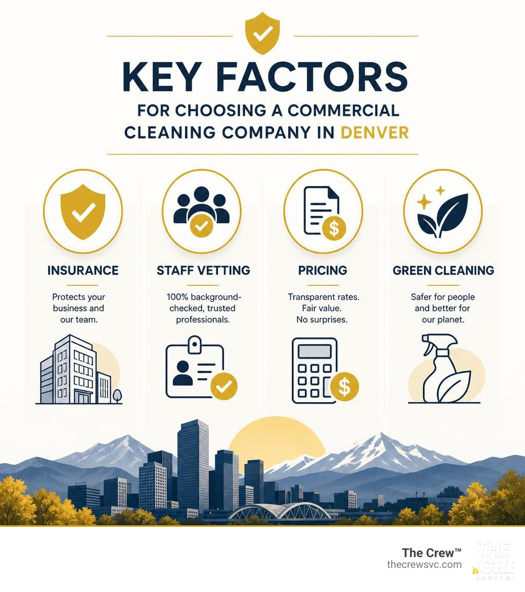 Key factors for choosing a commercial cleaning company in Denver: insurance, staff vetting, pricing, green cleaning Key factors for choosing a commercial cleaning company in Denver: insurance, staff vetting, pricing, green cleaning