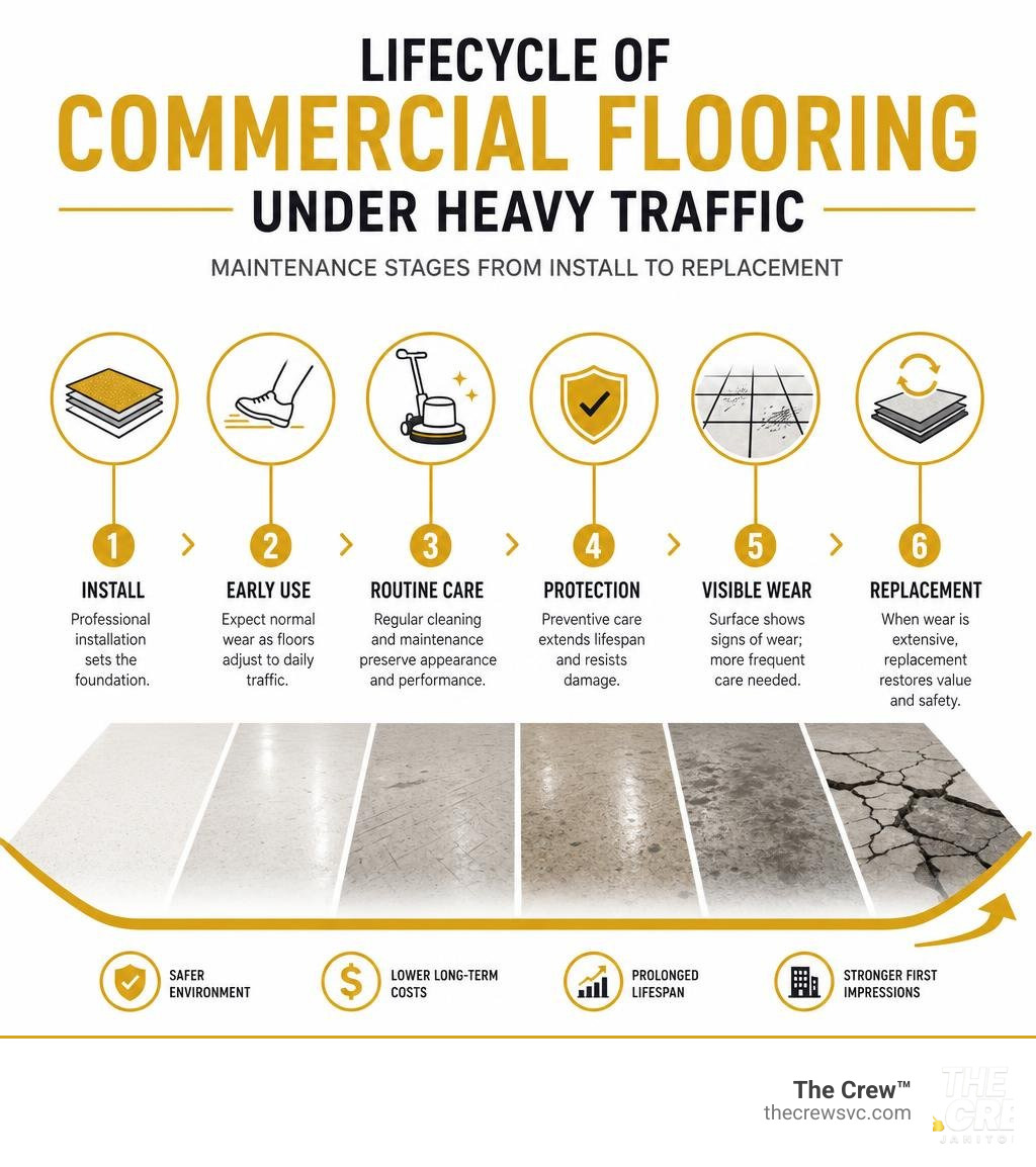 Lifecycle of commercial flooring under heavy traffic — maintenance stages from install to replacement infographic Lifecycle of commercial flooring under heavy traffic — maintenance stages from install to replacement infographic