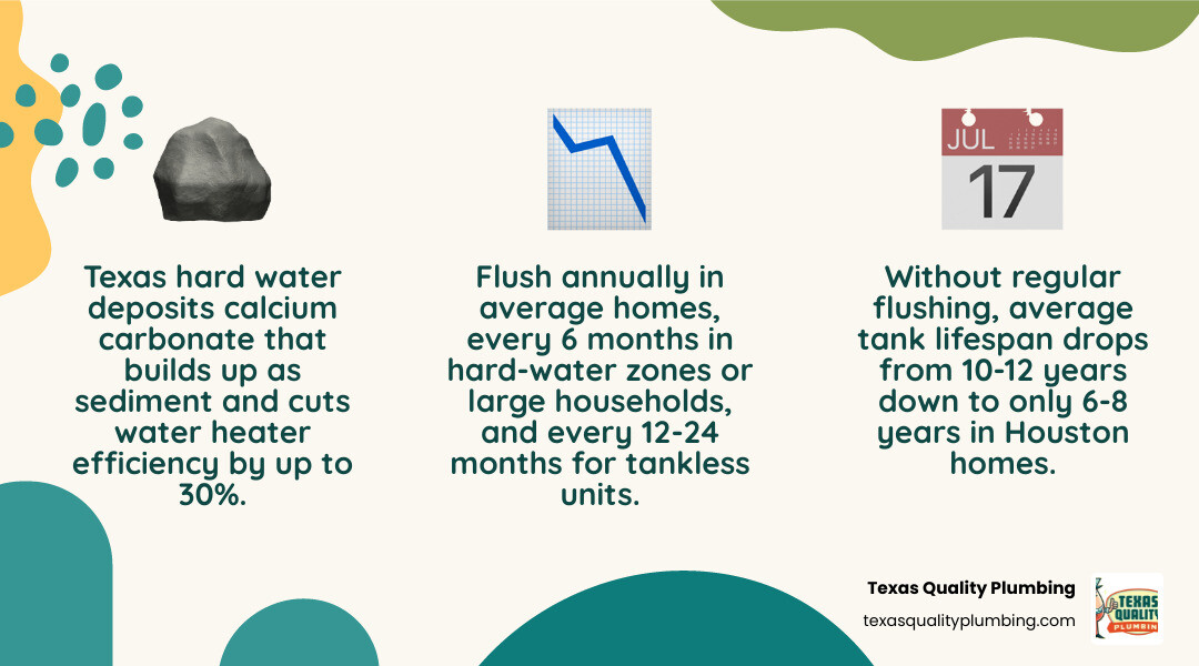 Infographic showing Texas water heater flushing frequency by region, household size, and water hardness infographic Infographic showing Texas water heater flushing frequency by region, household size, and water hardness infographic