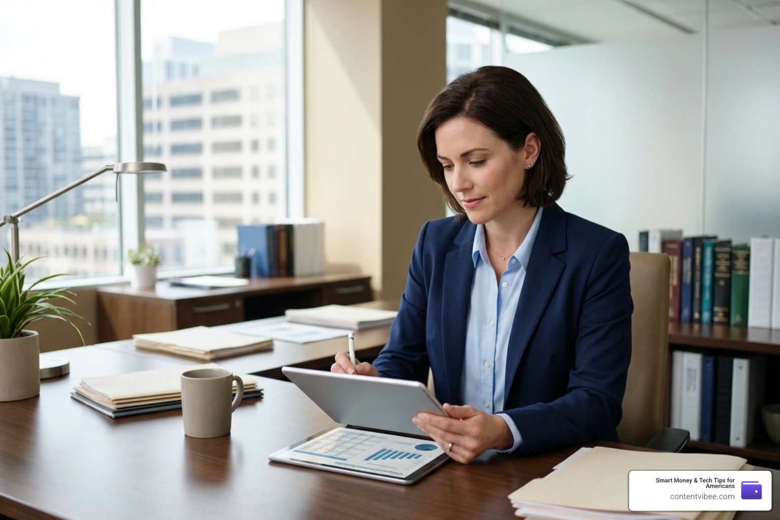 financial professional calculating compound interest on a tablet