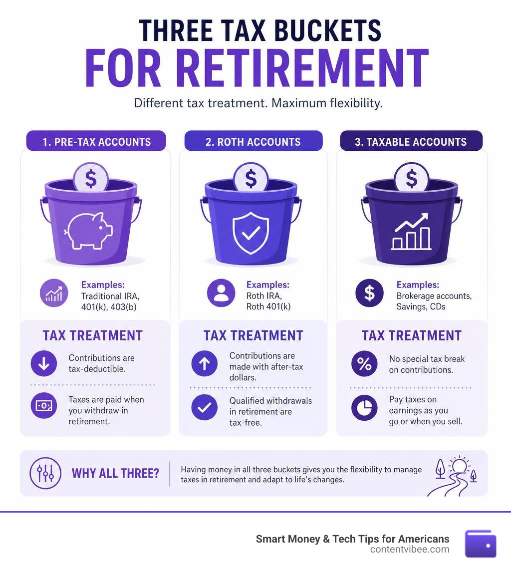 Three tax buckets for retirement: pre-tax, Roth, and taxable accounts with tax treatment explained infographic