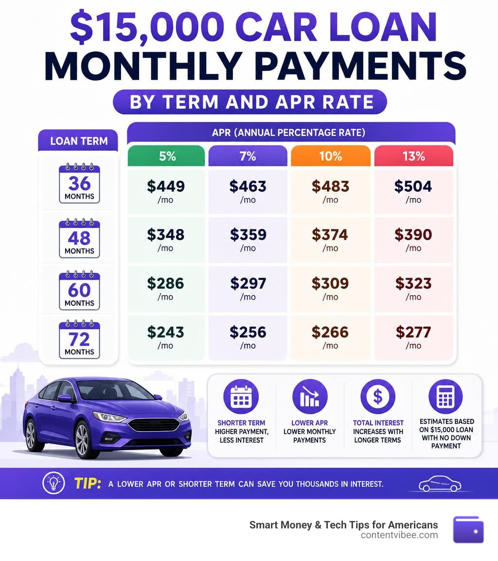 Infographic showing $15,000 car loan monthly payments by term and APR rate infographic