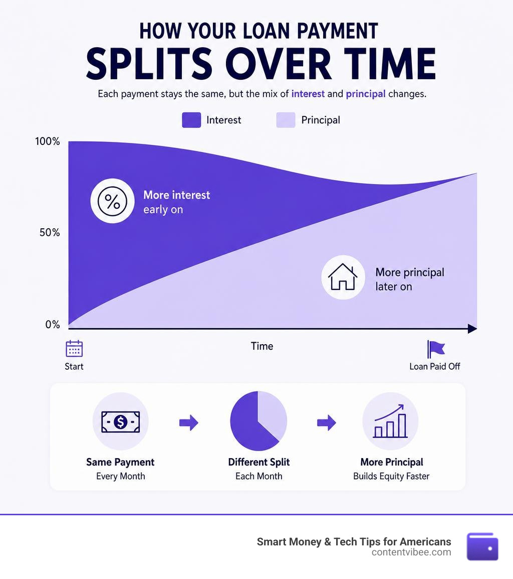 Infographic showing how each loan payment splits between principal and interest over time infographic