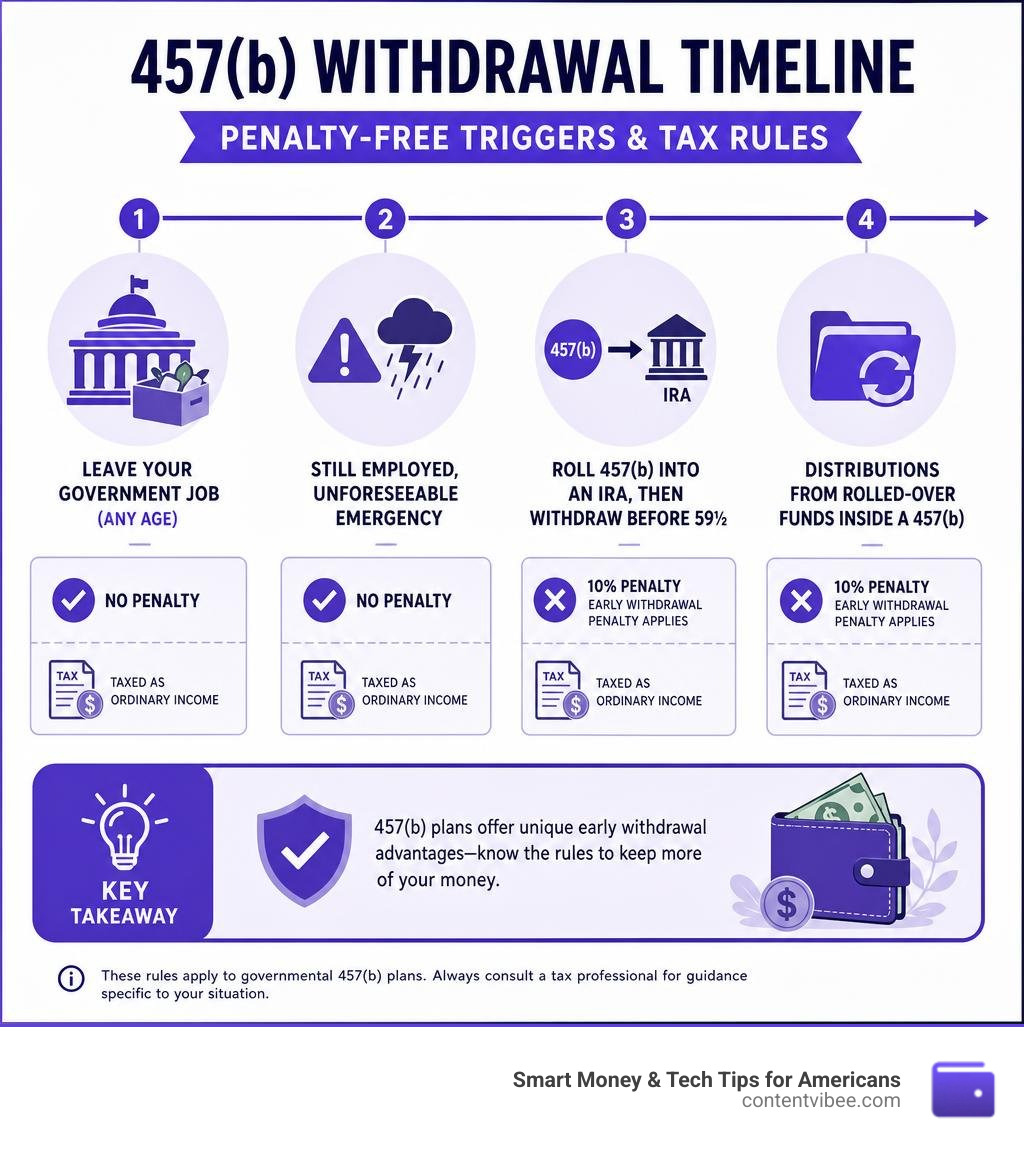457b withdrawal timeline showing penalty-free triggers and tax rules infographic