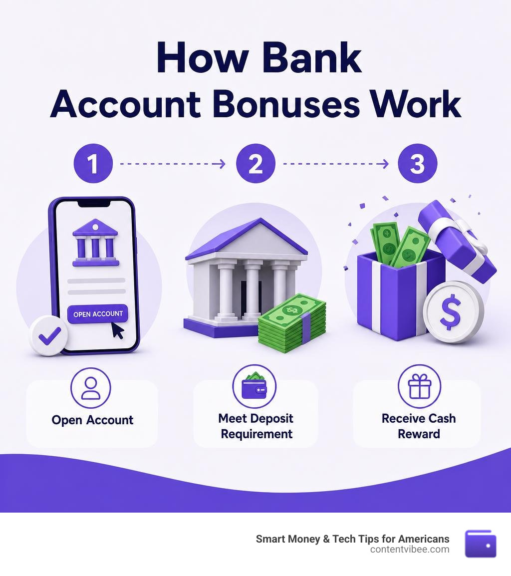 How bank account bonuses work: open account, meet deposit requirement, receive cash reward infographic