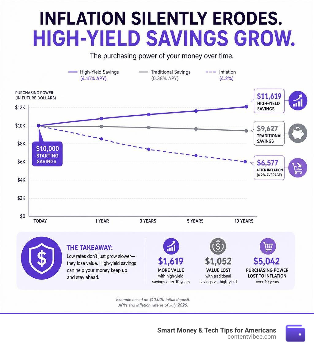 Infographic showing how inflation erodes traditional savings vs high-yield savings account growth over time infographic