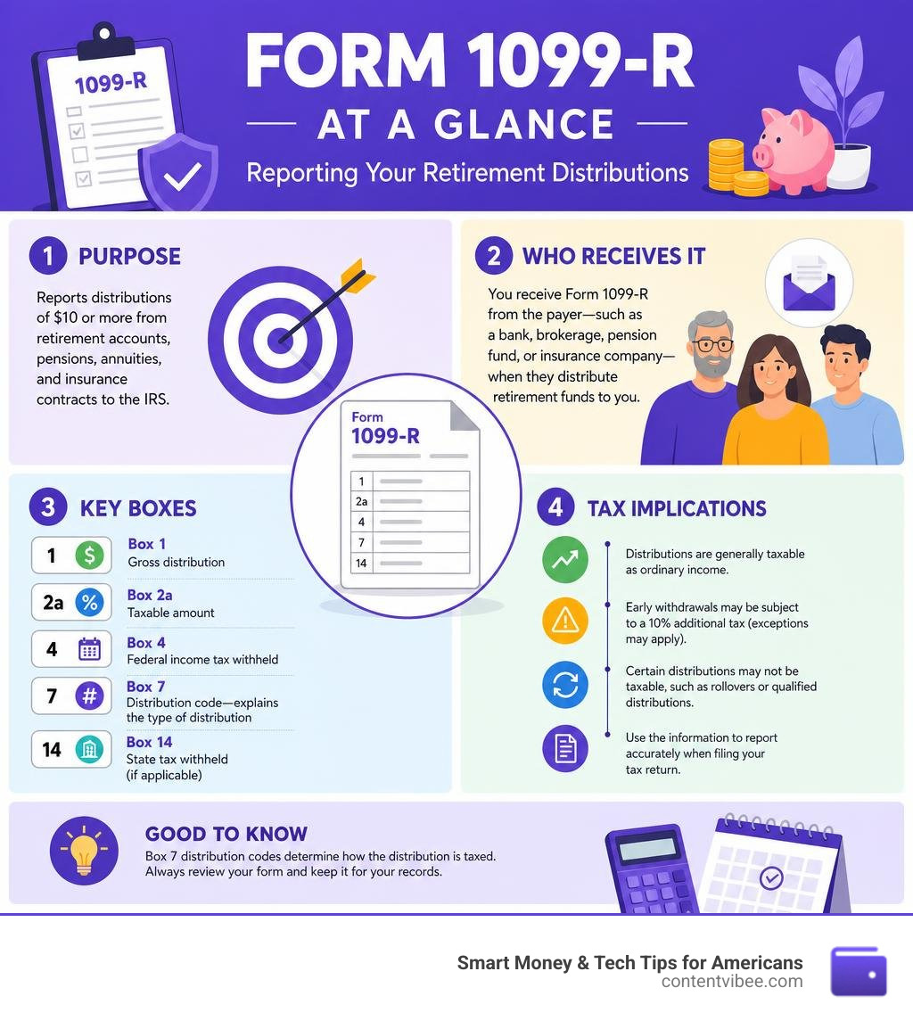 Infographic showing Form 1099-R purpose, who receives it, key boxes, and tax implications infographic Infographic showing Form 1099-R purpose, who receives it, key boxes, and tax implications infographic