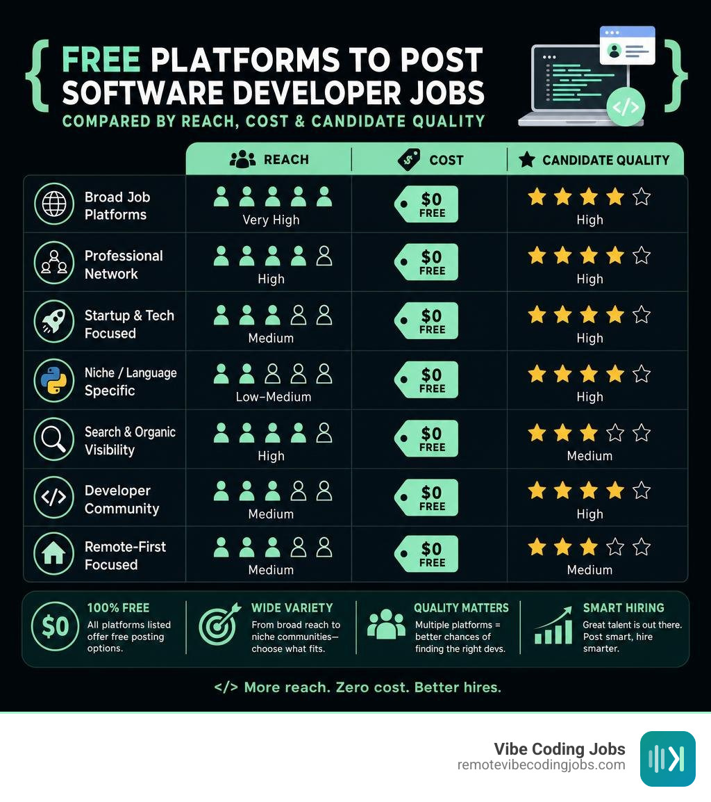 Free software developer job posting platforms compared by reach, cost, and candidate quality infographic
