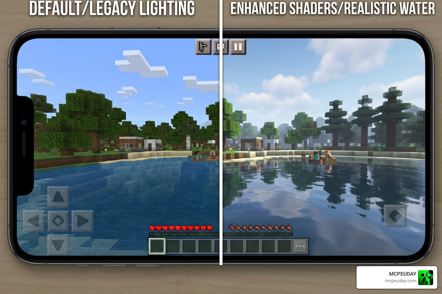 Side-by-side comparison of the top-rated MCPE shaders displaying different lighting and water effects