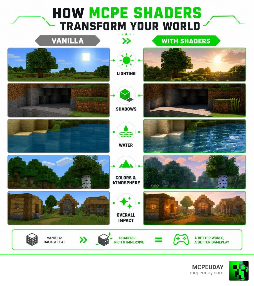 Infographic showing how MCPE shaders transform vanilla Minecraft blocks with lighting, shadows, and water effects infographic