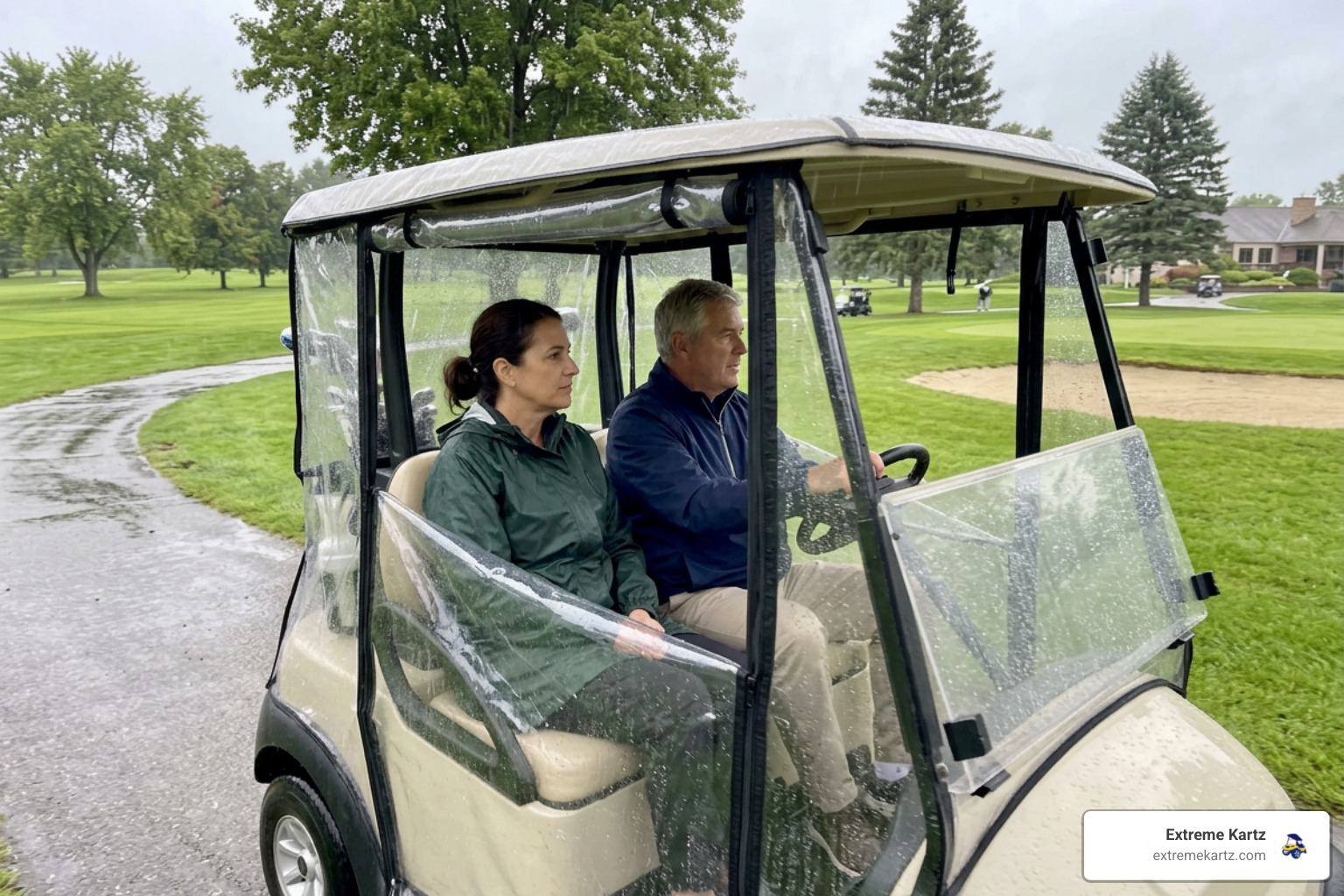 golf cart enclosure protecting passengers from rain