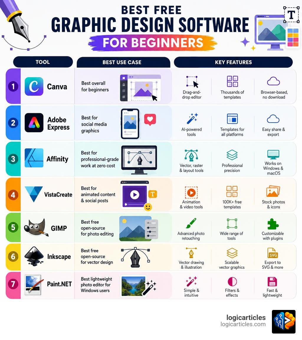 Comparison infographic: best free graphic design software for beginners with tool names, best use case, and key features