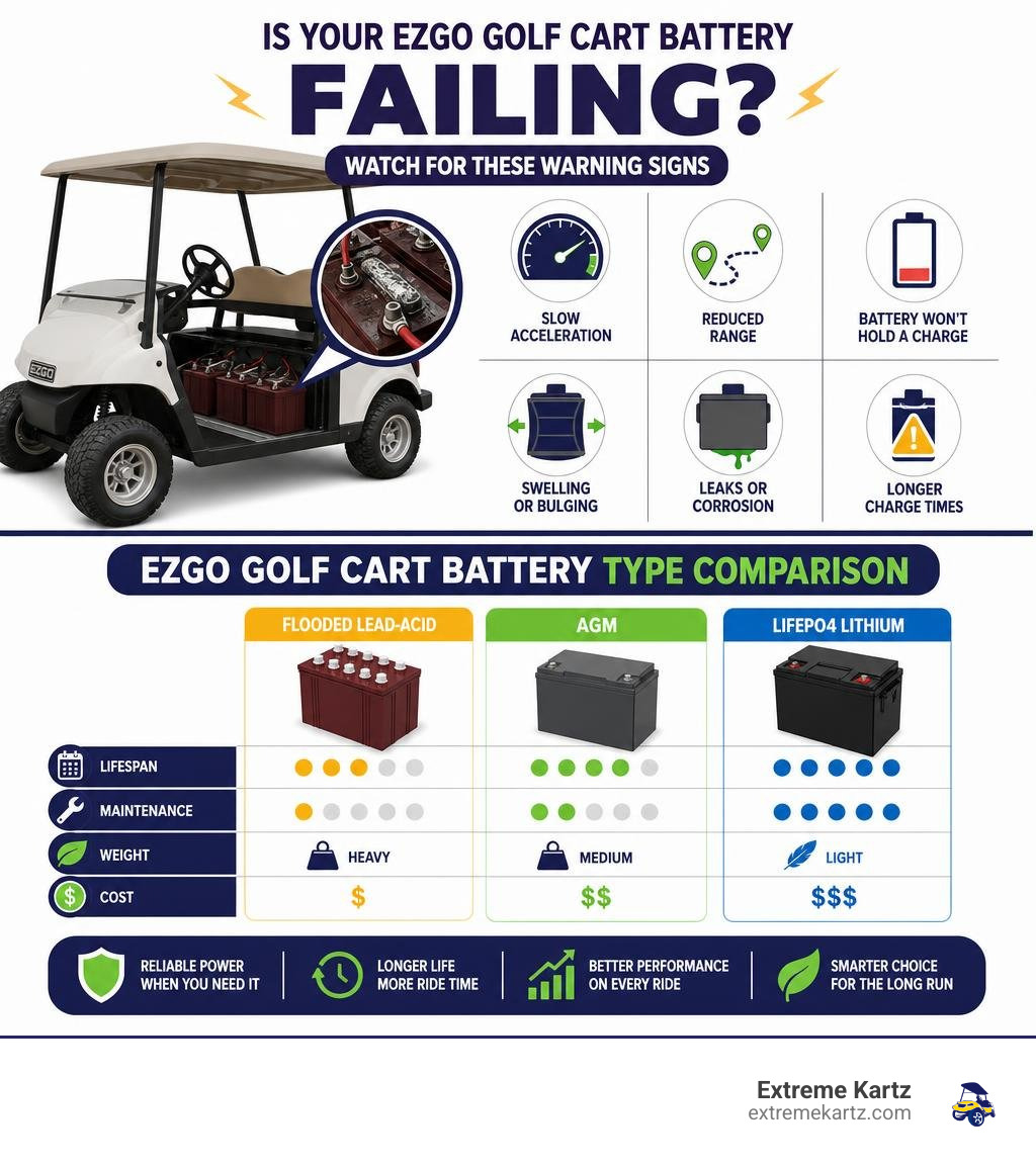 Infographic showing signs of a failing EZGO golf cart battery and battery type comparison infographic Infographic showing signs of a failing EZGO golf cart battery and battery type comparison infographic