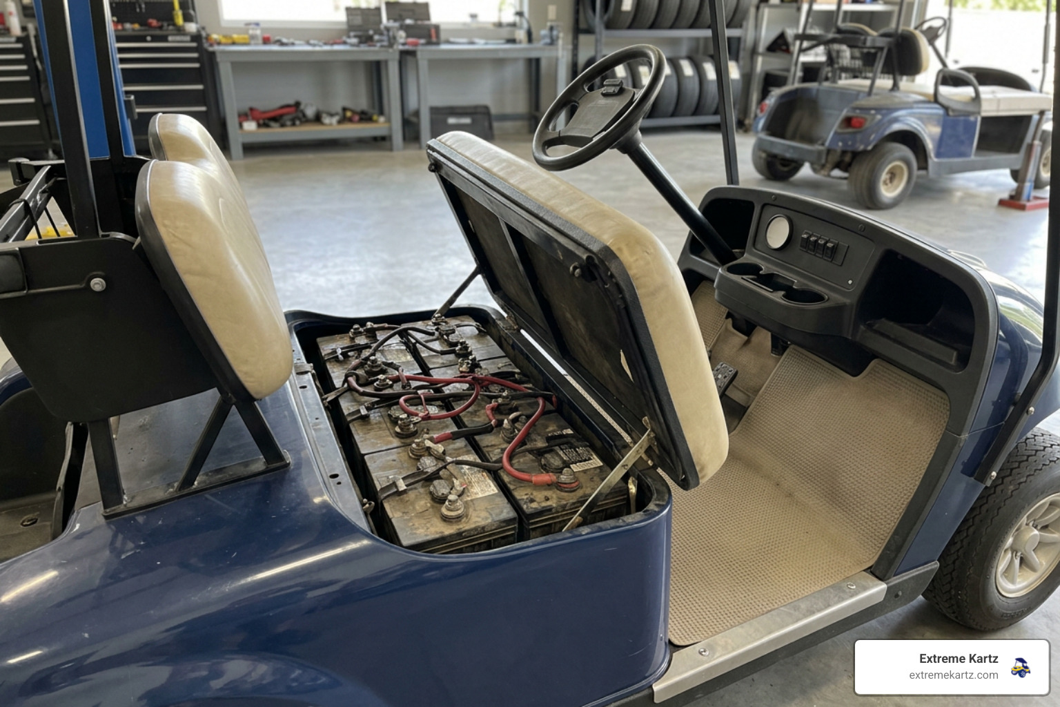 EZGO golf cart front seat flipped up correctly to show batteries underneath EZGO golf cart front seat flipped up correctly to show batteries underneath