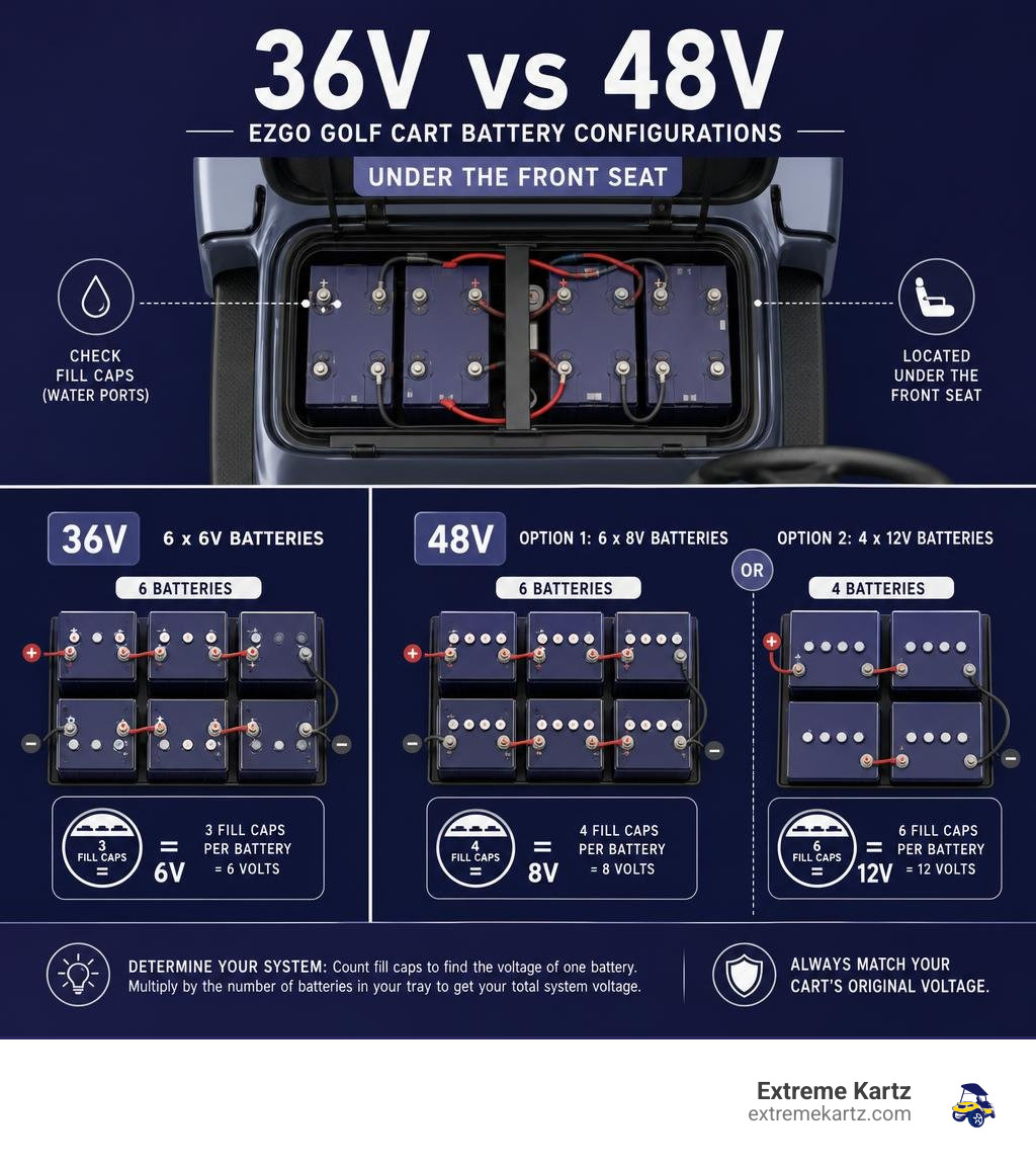36V and 48V EZGO golf cart battery voltage configurations under the front seat infographic 36V and 48V EZGO golf cart battery voltage configurations under the front seat infographic