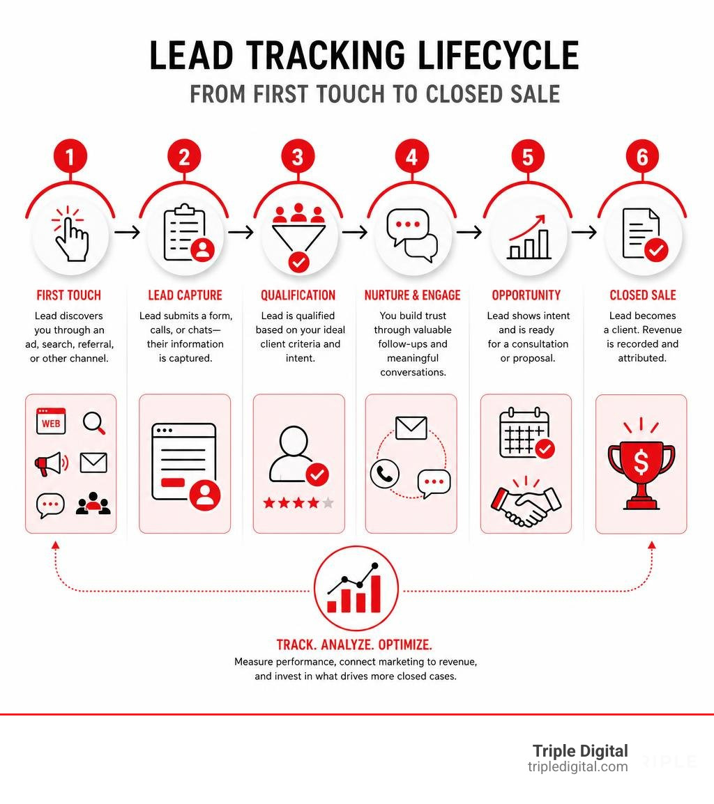 Infographic showing lead tracking lifecycle from first touch to closed sale infographic