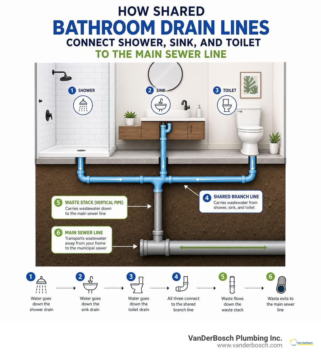 How shared bathroom drain lines connect shower, sink, and toilet to the main sewer line infographic How shared bathroom drain lines connect shower, sink, and toilet to the main sewer line infographic