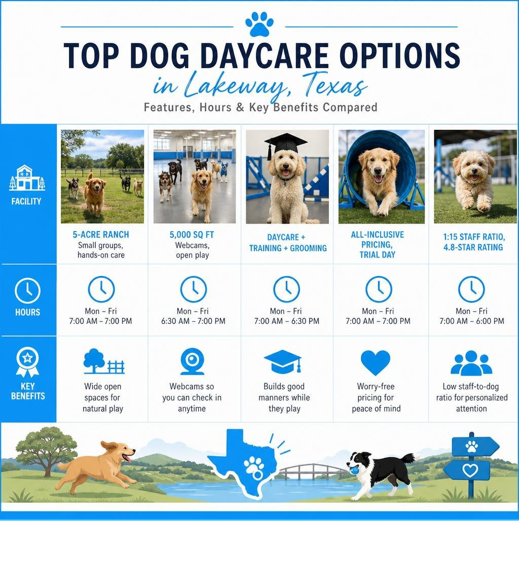 Top dog daycare options in Lakeway Texas with features, hours, and key benefits compared infographic Top dog daycare options in Lakeway Texas with features, hours, and key benefits compared infographic