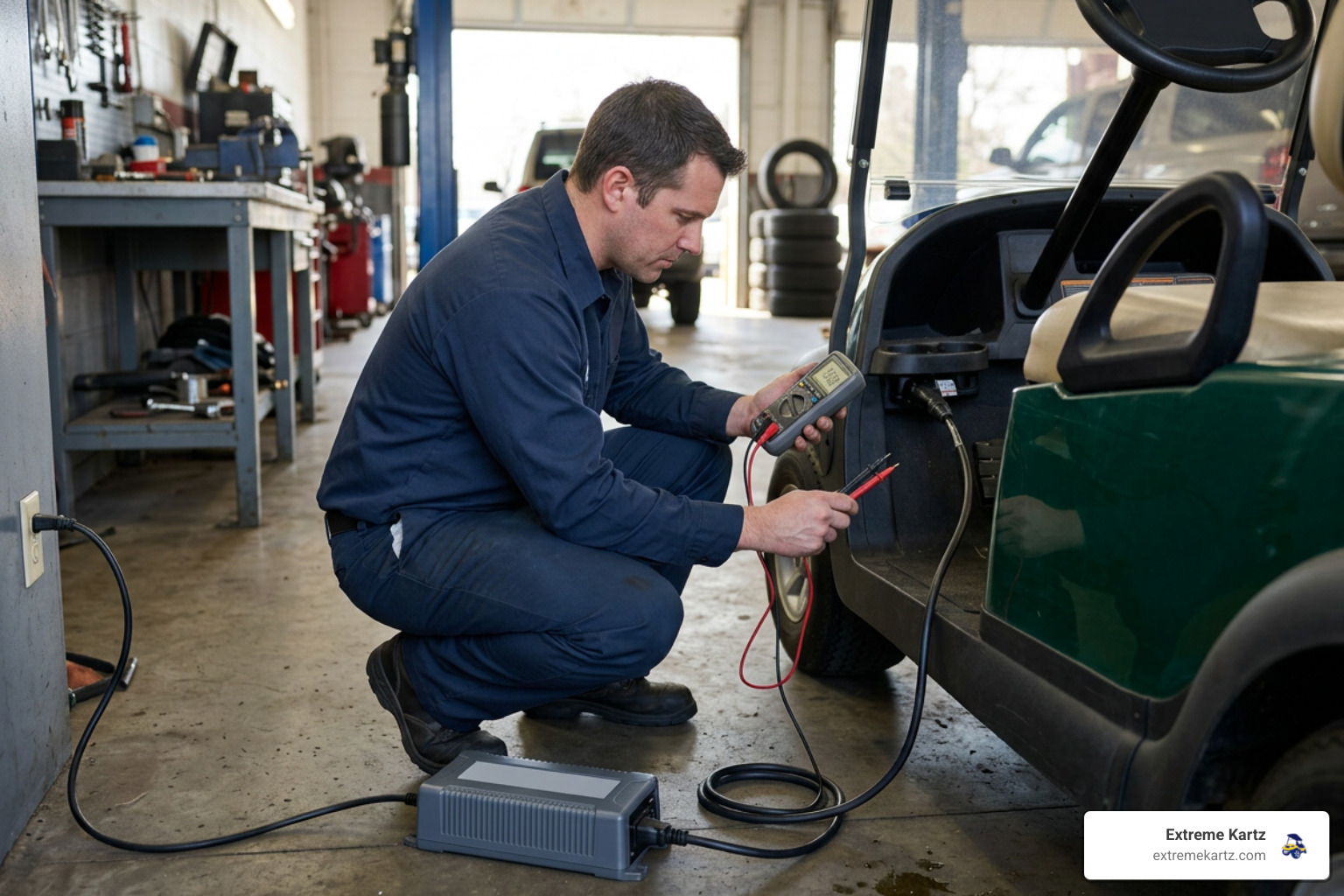 technician testing a golf cart battery charger and charging receptacle with a multimeter technician testing a golf cart battery charger and charging receptacle with a multimeter