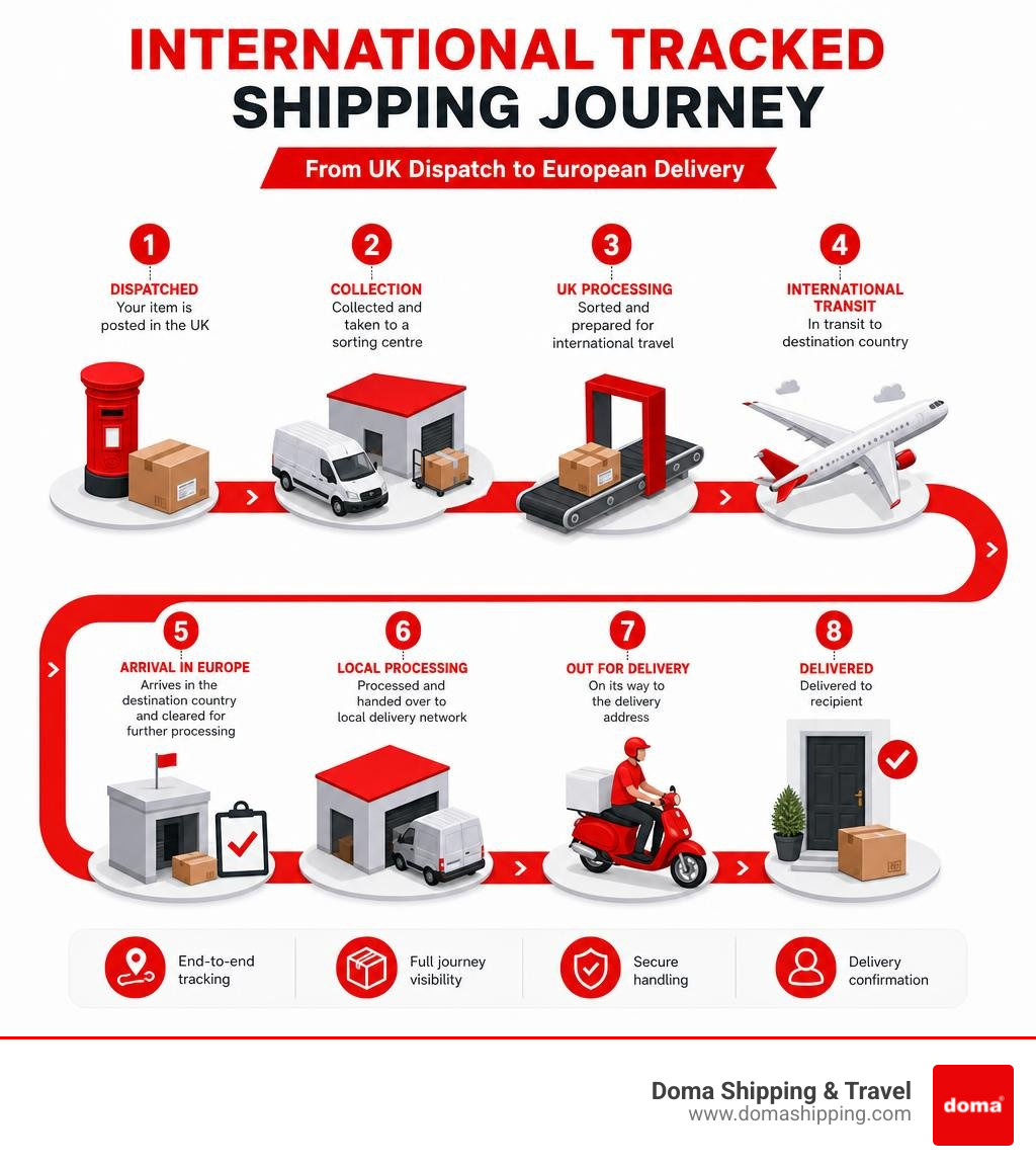 Infographic showing the Royal Mail International Tracked shipping journey from UK dispatch to European delivery infographic Infographic showing the Royal Mail International Tracked shipping journey from UK dispatch to European delivery infographic