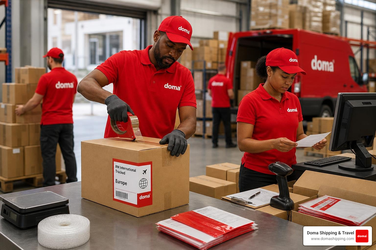 Doma Shipping workers in red uniforms preparing an international tracked parcel for shipment to Europe in Chicago warehouse Doma Shipping workers in red uniforms preparing an international tracked parcel for shipment to Europe in Chicago warehouse