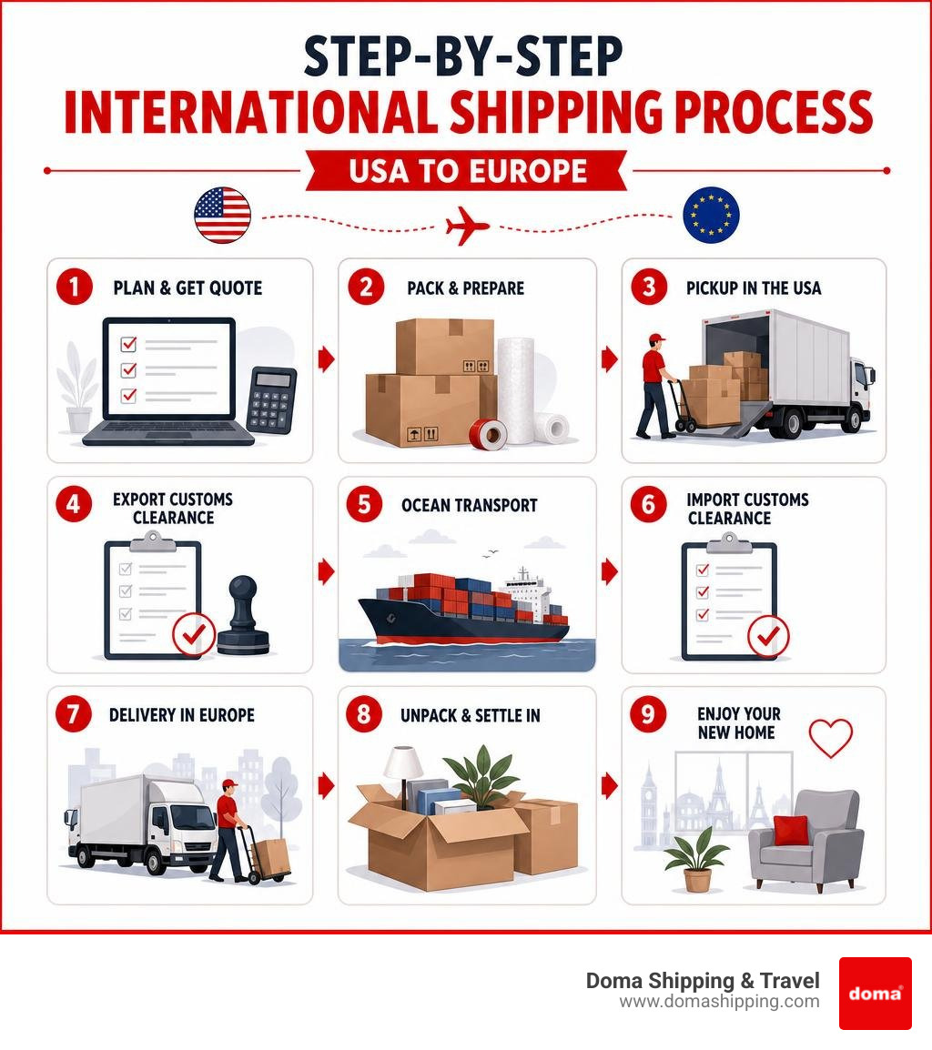 Step-by-step international shipping process from USA to Europe infographic infographic