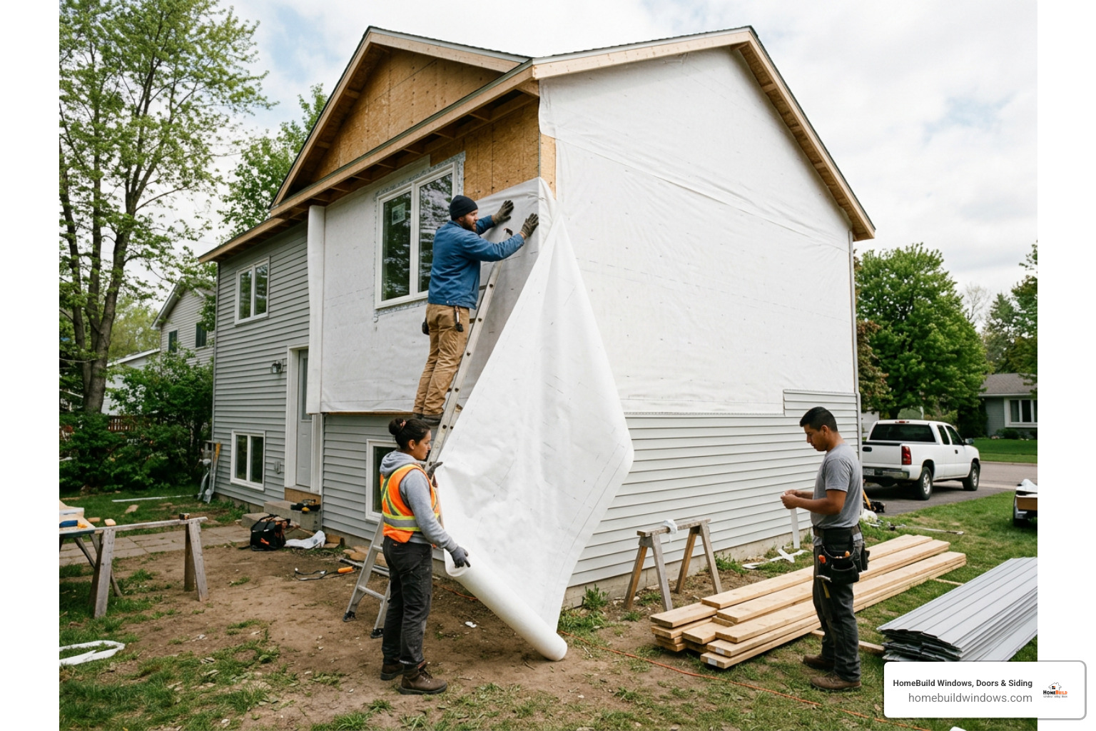 Professional siding installation crew wrapping a home in high-quality house wrap