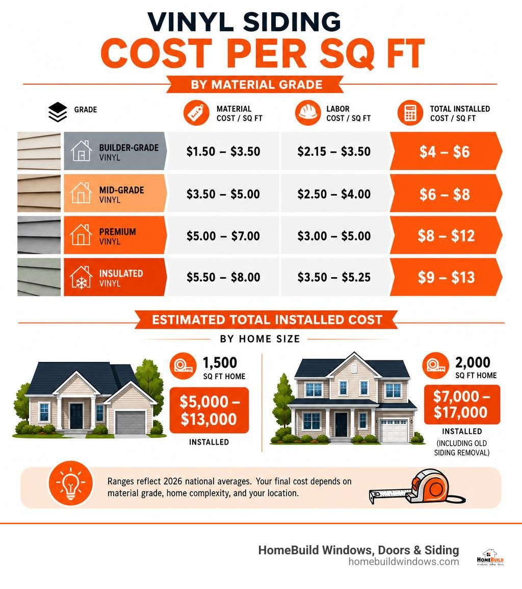 Vinyl siding cost per sq ft breakdown infographic showing material grades, cost ranges, and home size estimates infographic