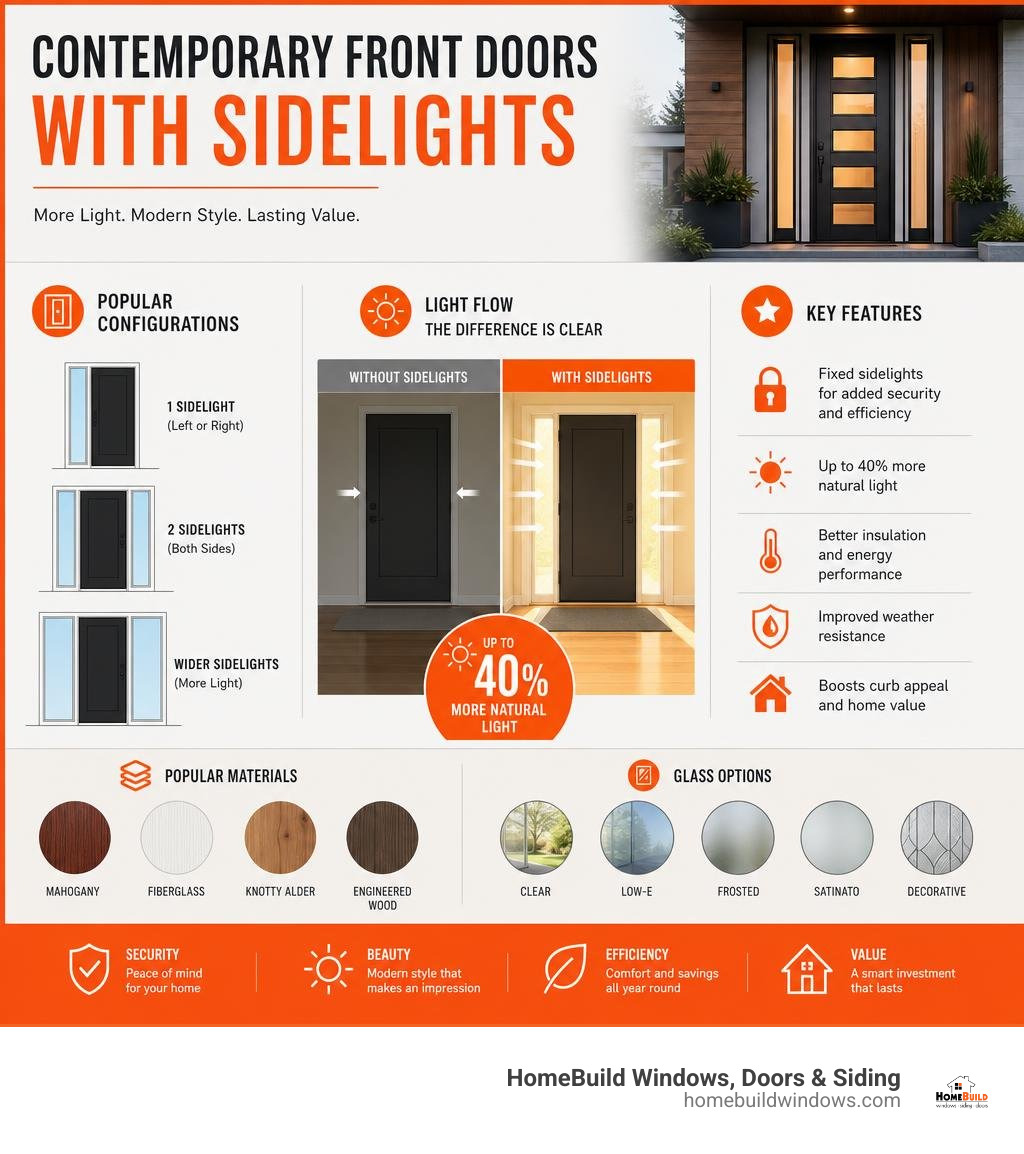 Infographic showing contemporary sidelight door configurations, light flow, and key features infographic