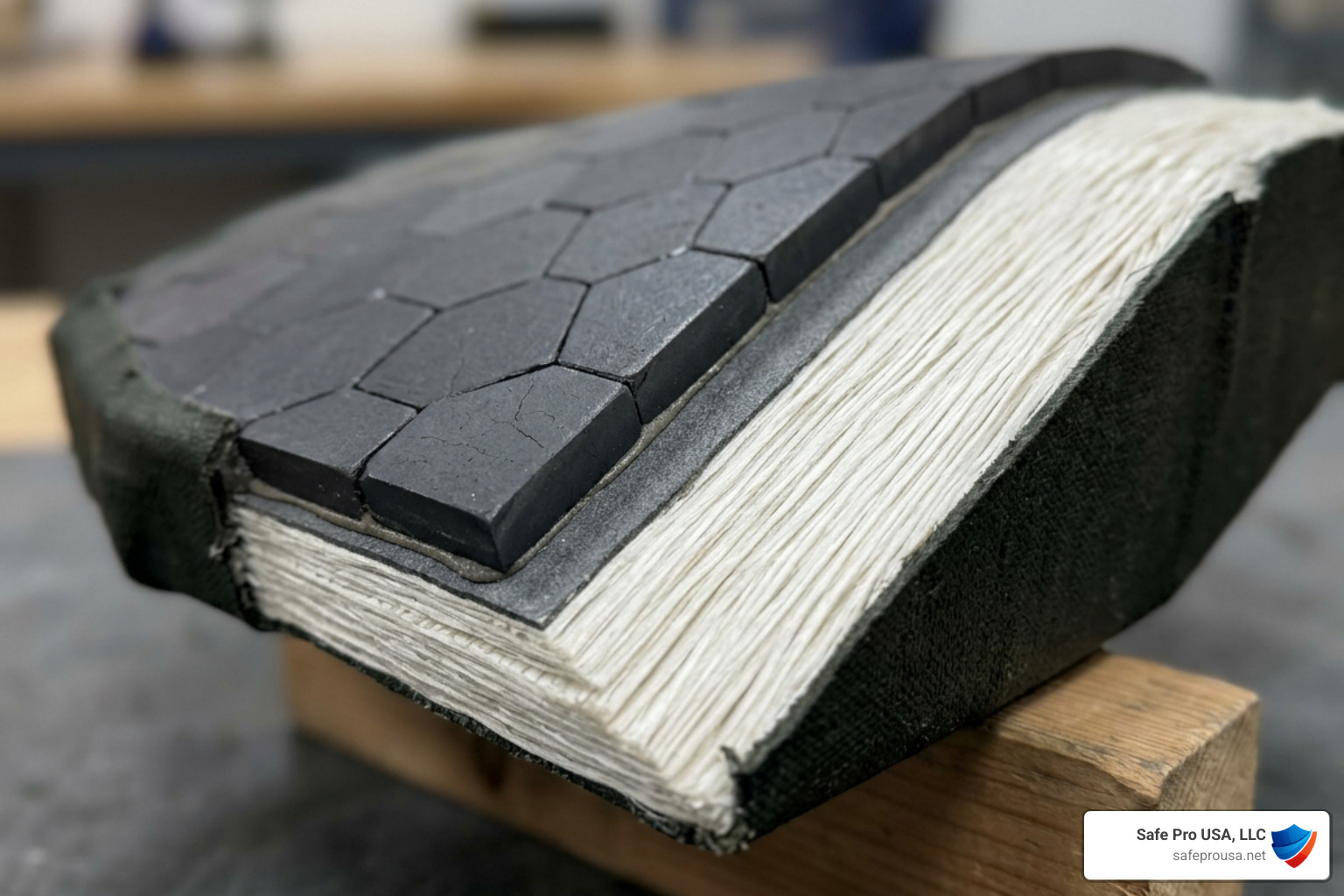 ceramic composite armor plate construction showing ceramic strike face and UHMWPE backer