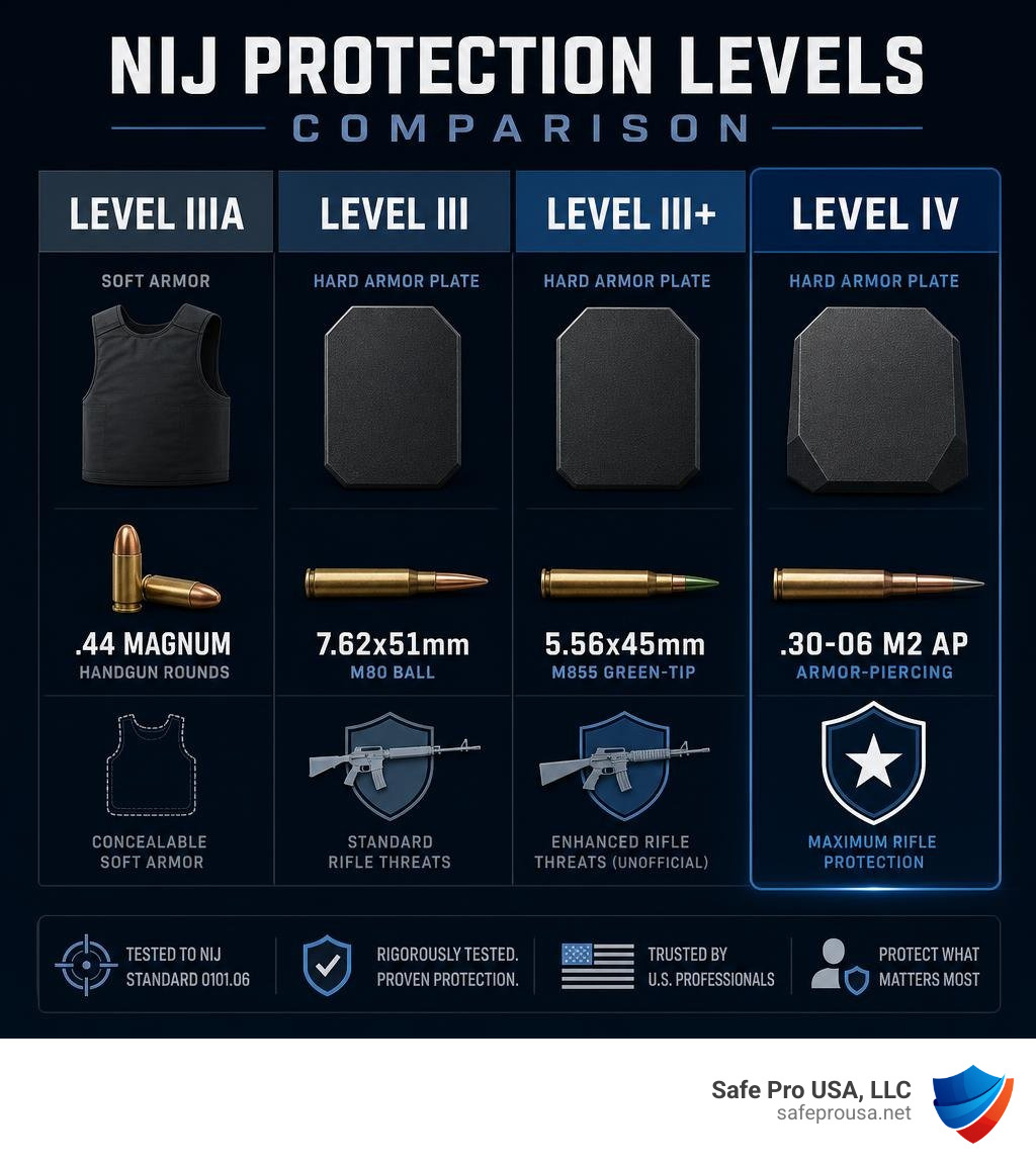 NIJ protection levels comparison infographic showing Level IIIA through Level IV threat ratings infographic