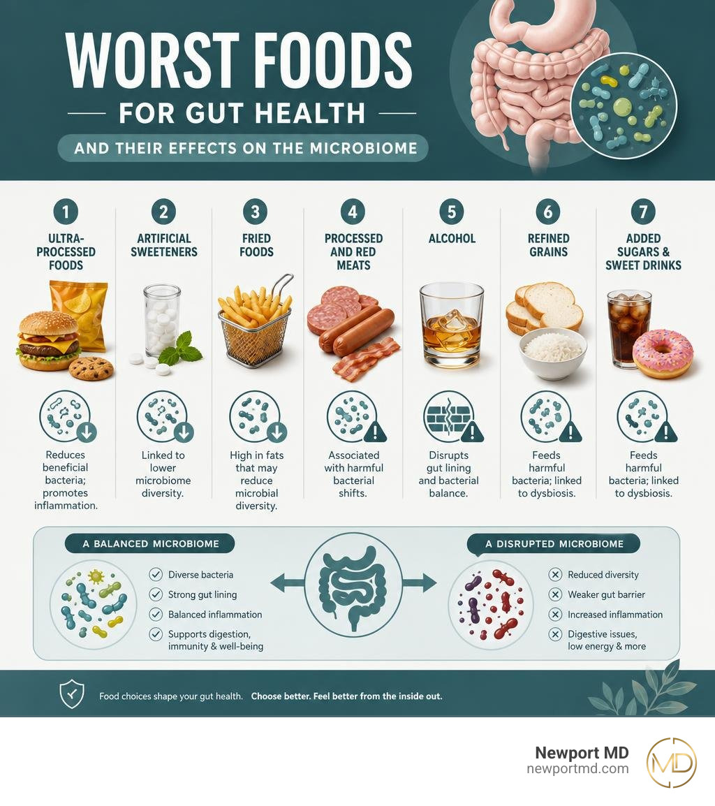 infographic showing the worst foods for gut health and their effects on the microbiome infographic infographic showing the worst foods for gut health and their effects on the microbiome infographic