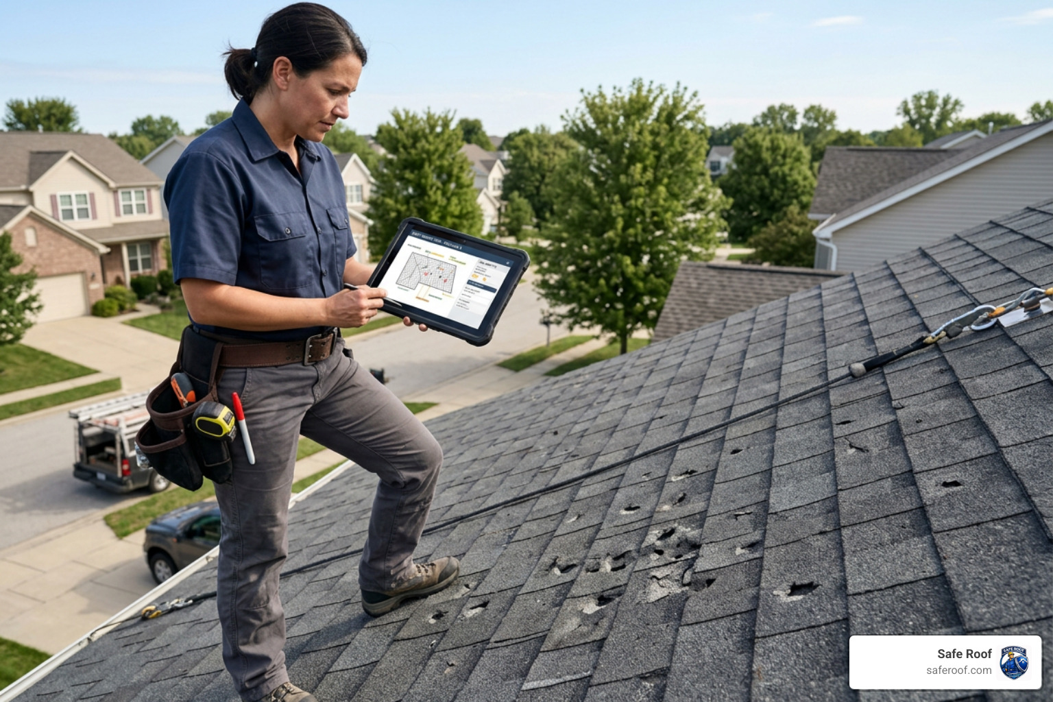 A professional roofing contractor using a digital tablet to document hail damage on-site