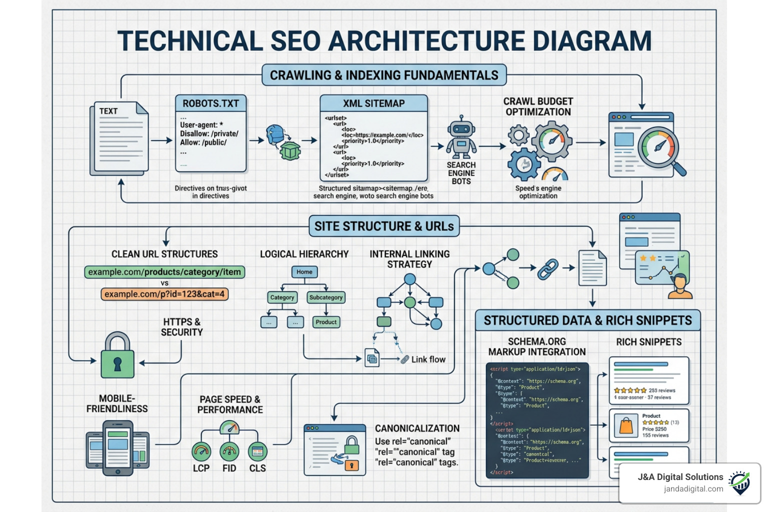 A detailed diagram of technical SEO architecture showing clean URL structures, XML sitemaps, robots.txt, and schema markup A detailed diagram of technical SEO architecture showing clean URL structures, XML sitemaps, robots.txt, and schema markup