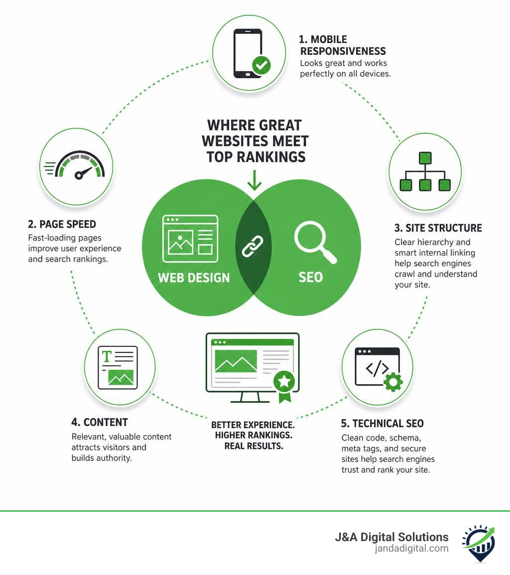Infographic showing the intersection of web design and SEO including mobile responsiveness, page speed, site structure Infographic showing the intersection of web design and SEO including mobile responsiveness, page speed, site structure