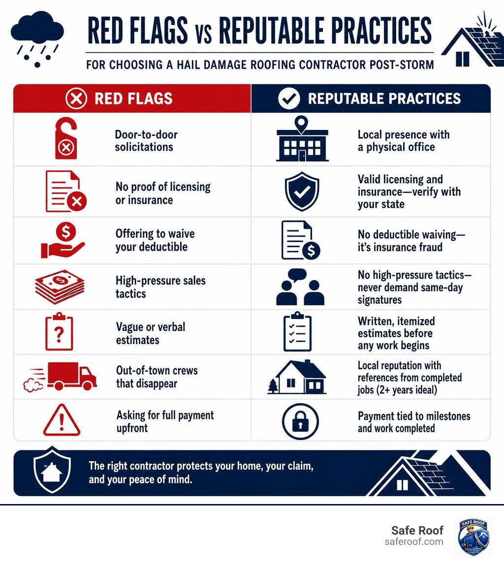 Red flags vs reputable practices for choosing a hail damage roofing contractor post-storm infographic