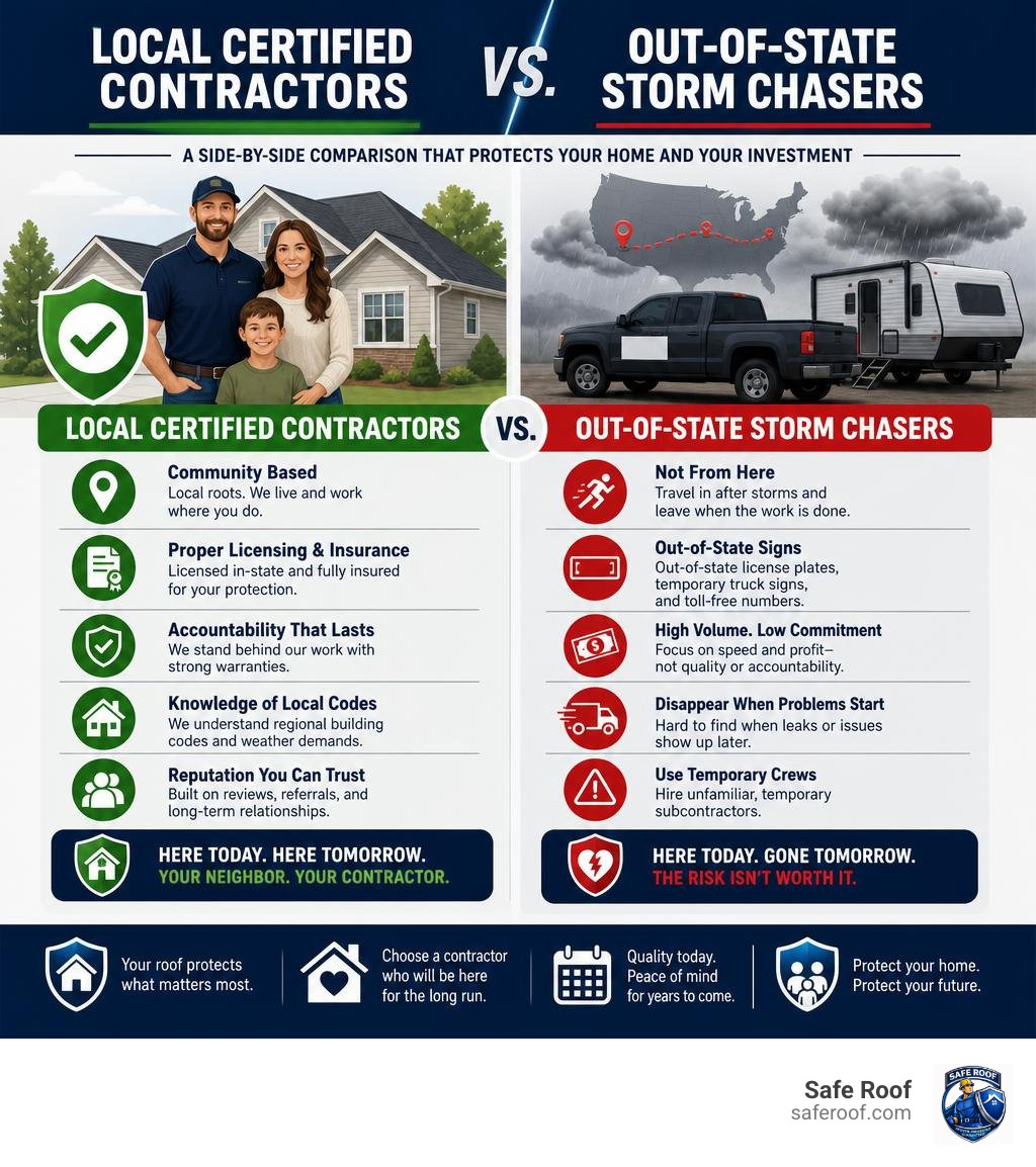 A detailed comparison of local certified contractors vs out of state storm chasers infographic